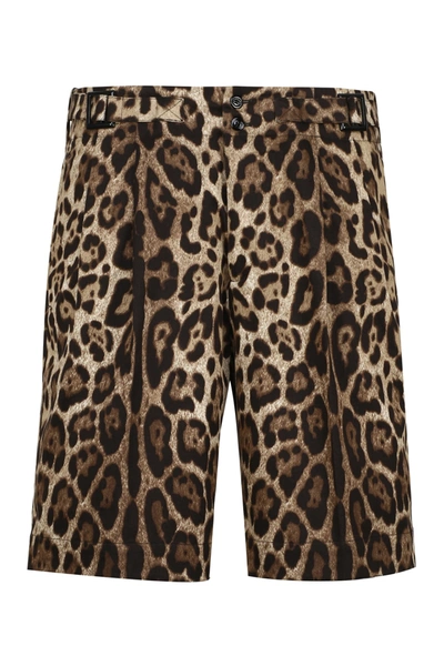 Dolce & Gabbana Leopard Print Stretch Drill Cotton Short In Brown