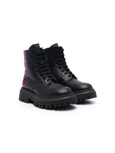 Msgm Teen Logo-embroidered Chunky Leather Boots In Nero-fucsia