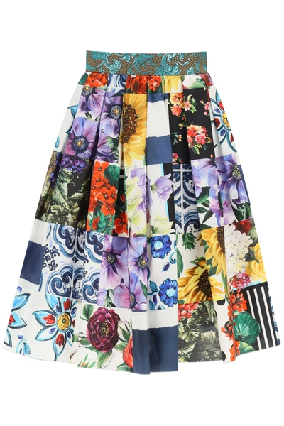 Dolce & Gabbana Patchwork Floral-print Cotton-blend Skirt In Red,blue,white