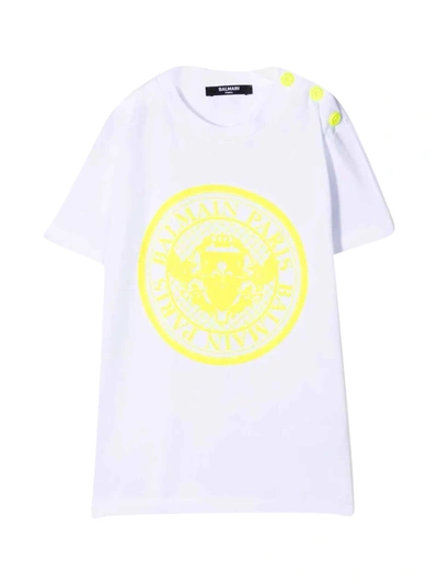 Balmain Kids' Unisex White T-shirt In Bianco/giallo