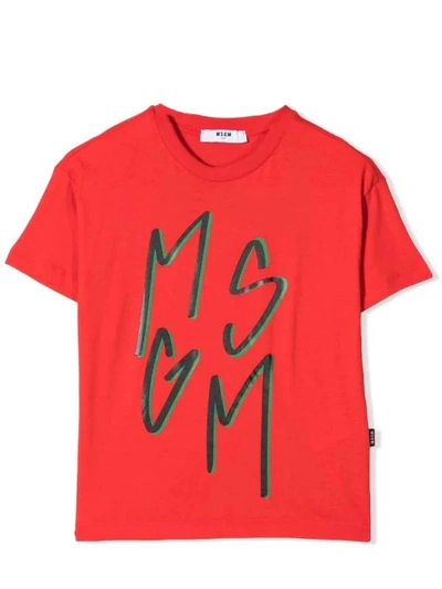 Msgm Kids' Logo-print Cotton T-shirt In 红色