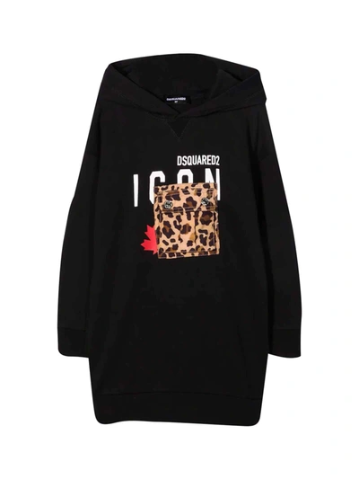 Dsquared2 Kids' Logo Print Hooded Cotton Sweat Dress In 블랙