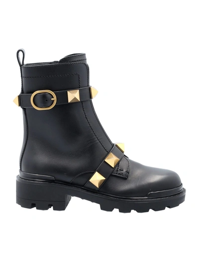 Valentino Garavani Combat Black Leather Boots With Antique Brass Studs In Nero