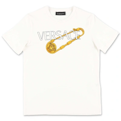 Young Versace Kids' Versace Young Tshirt With Lurex Logo In Bianco/oro