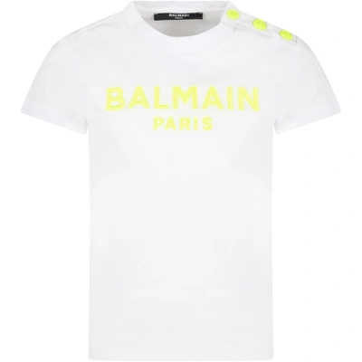Balmain White T-shirt For Kids With Neon Yellow Logo In Bianco