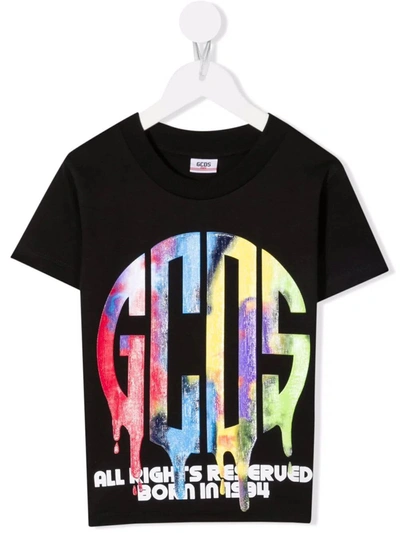Gcds Mini Kids Black Liquid Multicolored Logo T-shirt In Nero