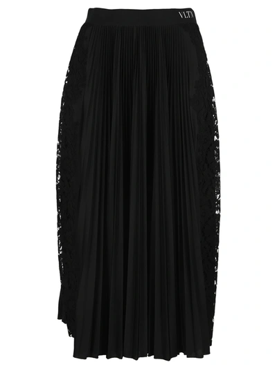 Valentino Pleated Tech Jersey & Lace Skirt In Black