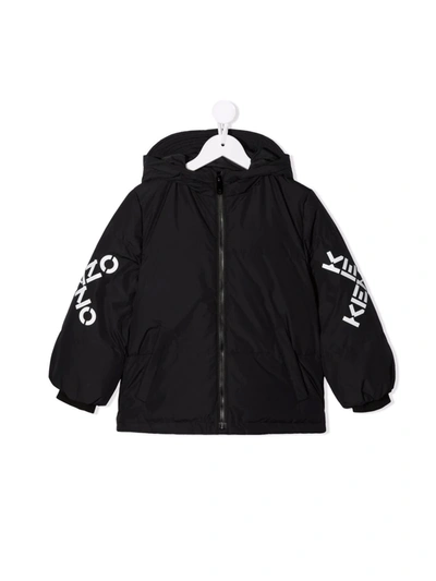 Kenzo Kids' Sleeve-logo Hooded Down Jacket In Black