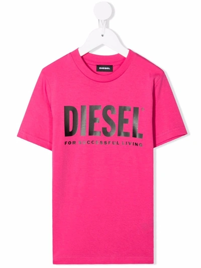 Diesel Kids Fluo Pink T-shirt With Black Oversize Logo In Fuchsia Rose