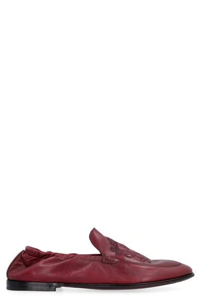 Dolce & Gabbana Embroidered Leather Loafers In Burgundy