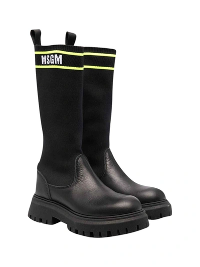 Msgm Black Teen Boots With White Logo Press, Round Tip And Higher Heel In Nero
