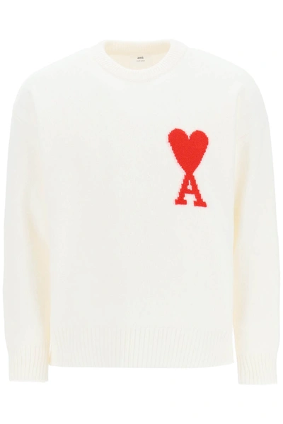 Ami Alexandre Mattiussi Logo Over Cotton & Wool Knit Sweater In White,red