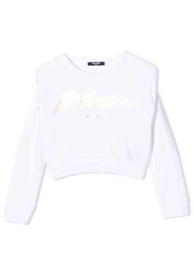 Balmain Kids' White Cotton Sweatshirt In Bianco