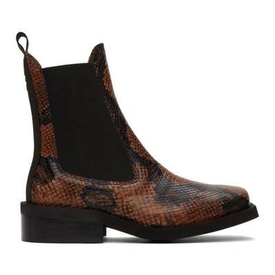Ganni Brown Embossed Snake Chelsea Boots