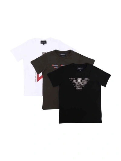 Emporio Armani Three Teen T-shirts Set With Frontal Logo Press, Crew Neck And Long Sleeve In Nero