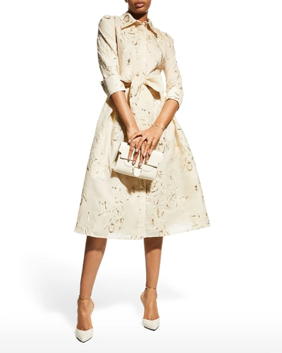 Rickie Freeman For Teri Jon Metallic Jacquard Belted Shirtdress In Champagne