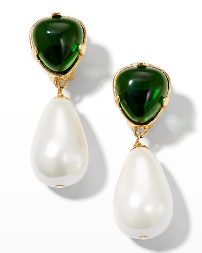 Kenneth Jay Lane Emerald Top With Pearly Drop Clip Earrings In Gold