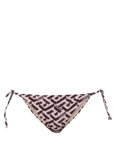 Versace La Greca Monogram Print Side Tie Bikini Bottoms In Candy Black