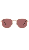Ray Ban Hexagonal Flat Lenses Sunglasses Rose Gold Frame Violet Lenses Polarized 51-21 In Rose