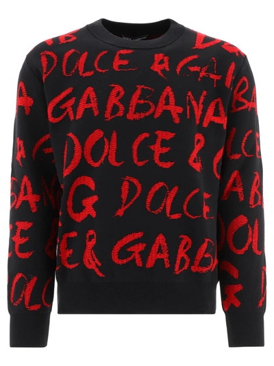 Dolce & Gabbana Red And Black Wool Blend Jacquard Sweater In Black,white