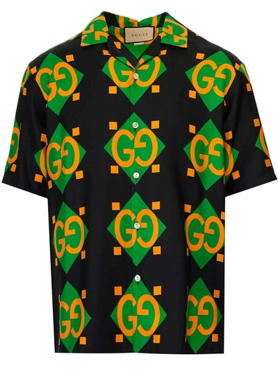 Gucci Gg Geometric Print Silk Bowling Shirt In Black