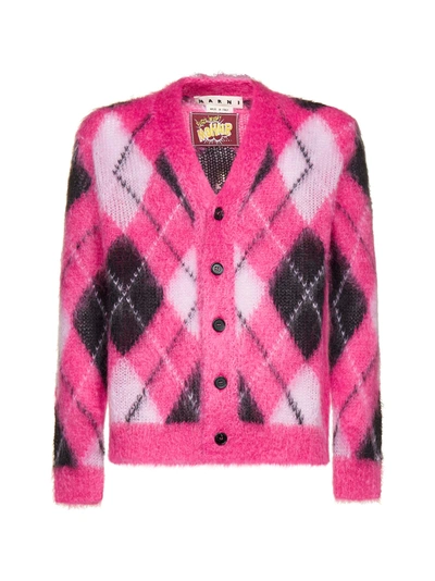 Marni Argyle Motif Mohair And Wool Blend Cardigan In Pink