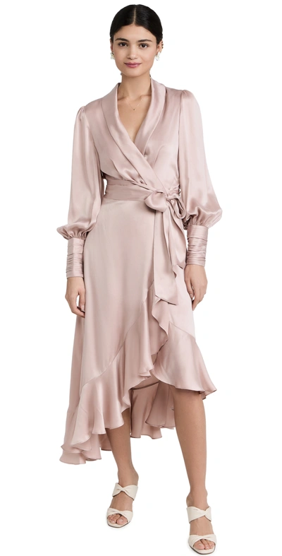 Zimmermann Asymmetric Ruffled Silk-satin Wrap Dress In Pink
