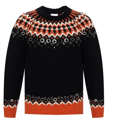 Burberry Embellished Fair Isle Wool Sweater In Black, Size Small In Beige,black,orange