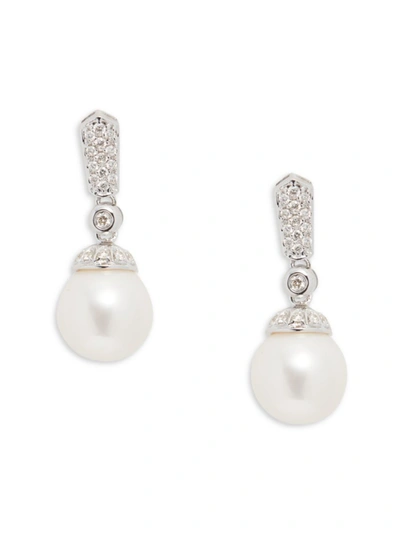 Belpearl Women's 14k White Gold, Diamond & 10mm Cultured Pearl Earrings