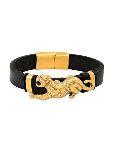 Anthony Jacobs Men's Black Leather & 18k Gold Plated Tiger Bracelet