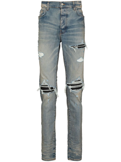 Amiri Mx1' Ribbed Leather Knee Patch Ripped Washed Skinny Jeans In Clayindigo