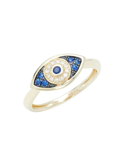 Effy Women's 14k Yellow Gold, Blue Sapphire & Diamond Evil Eye Ring/size 7
