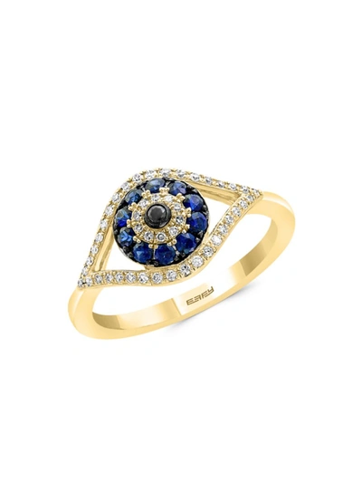 Effy Women's 14k Yellow Gold, Natural Sapphire, Diamond & Black Diamond Ring/size 7