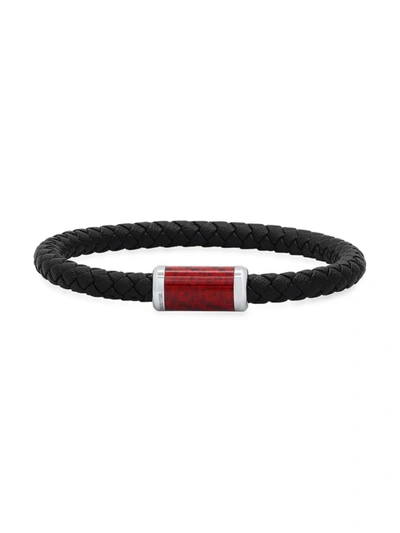Anthony Jacobs Men's Stainless Steel, Leather & Red Carbon Fiber Bracelet