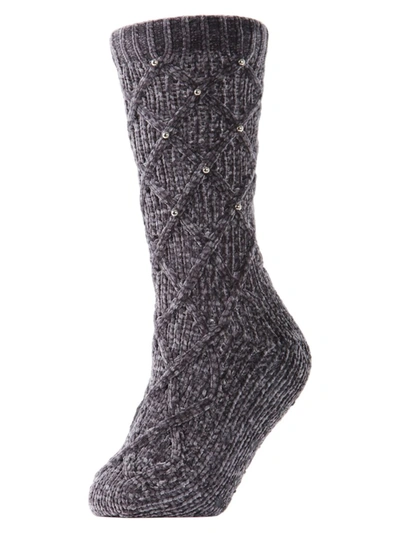 Memoi Imitation Pearl Lattice Plush Lined Women's Slipper Sock In Grey