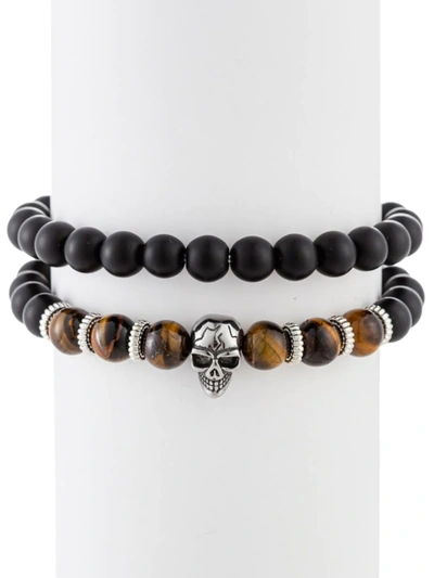 Eye Candy La Men's Daniel Set Of 2 Agate & Tiger Eye Beaded Bracelets In Neutral