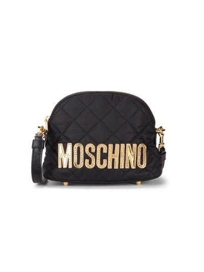 Moschino Women's Quilted Nylon Metallic-logo Dome Crossbody Bag In Black