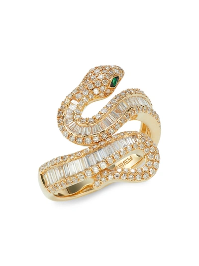 Effy Women's 14k Yellow Gold, Diamond & Emerald Snake Ring/size 7