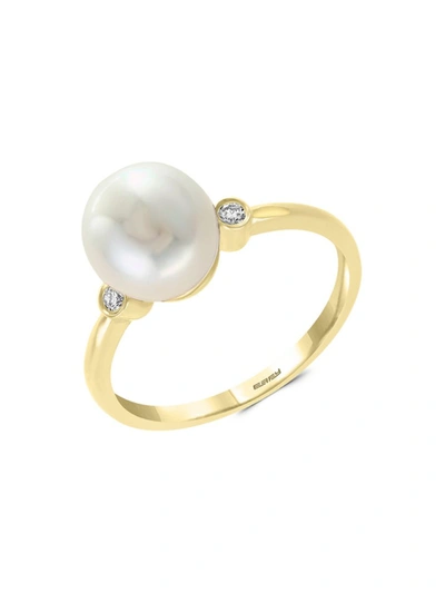 Effy Women's 14k Yellow Gold, 8mm White Pearl And Diamond Solitaire Ring/size 7