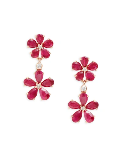 Effy Women's 14k Rose Gold, Rubies, & Diamond Flower Earrings