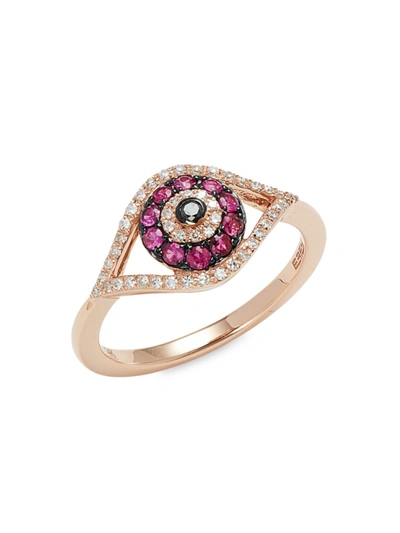 Effy Women's 14k Rose Gold, Ruby, White Diamond & Black Diamond Evil Eye Ring/size 7