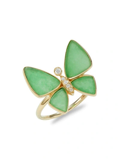 Effy Women's 14k Yellow Gold, Green Jade & Diamond Butterfly Ring/size 7