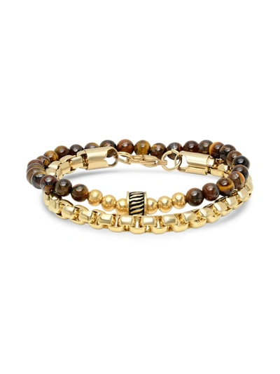 Anthony Jacobs Men's 2-piece 18k Goldplated Box Link & Tiger Eye Beaded Bracelets In Neutral