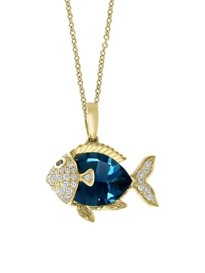 Effy Women's 14k Yellow Gold, London Blue Topaz, White & Black Diamond Fish Pendant Necklace