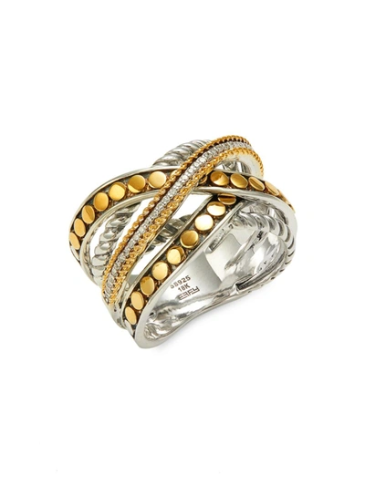 Effy Women's Two Tone 18k Yellow Gold, Sterling Silver & Diamond Criss Cross Ring