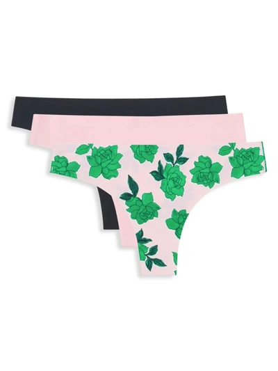Aqs Women's 3-pack Laser-bonded Seamless Thongs In Green Pink Multicolor