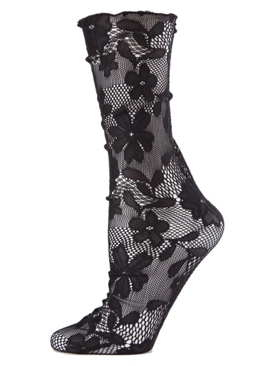 Memoi Women's Allure Floral Lace Slouch Crew Socks In Black
