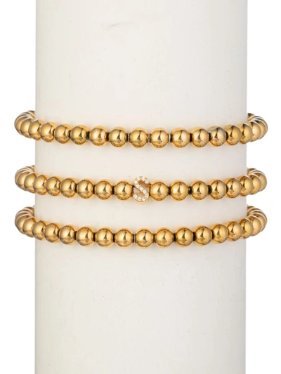 Eye Candy La Women's Luxe Collection 3-piece Initial Goldtone Beaded & Cubic Zirconia Bracelet Set In Letter S