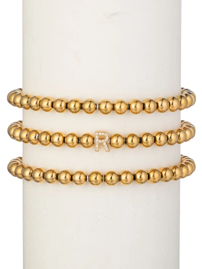 Eye Candy La Women's Luxe Collection 3-piece Initial Goldtone Beaded & Cubic Zirconia Bracelet Set In Letter R