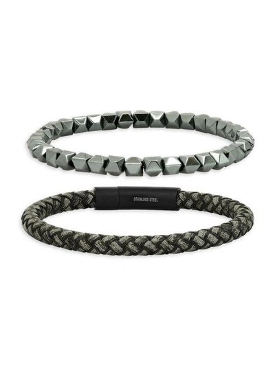 Anthony Jacobs Men's 2-piece Leather, Black Ip Stainless Steel & Hematite Bracelets